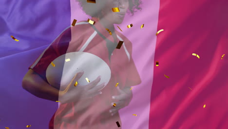 Animación-De-Confeti-Y-Bandera-De-Francia-Sobre-Mujer-Birracial-Jugando-Rugby