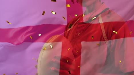 Animation-of-confetti-and-flag-of-england-over-biracial-female-rugby-player