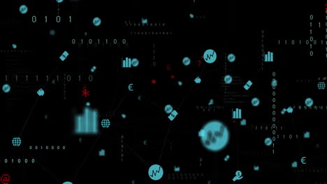 Animation-of-digital-data-processing-over-network-with-icons-on-black-background