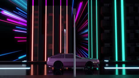 Animation-of-car-driving-past-neon-city-buildings-at-night