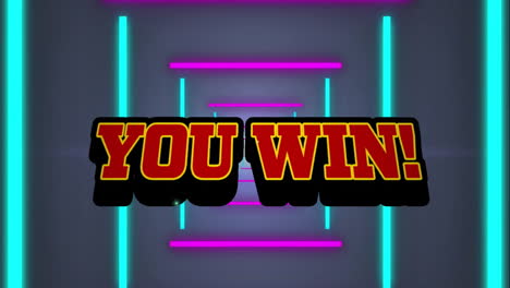 Animation-Von-„You-Win“-Text-Und-Explosion-über-Rosa-Und-Blauen-Neonlichtern-Auf-Dunklem-Hintergrund