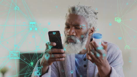 Animation-of-network-of-connections-with-icons-over-senior-african-american-man-taking-pills