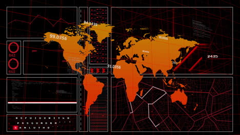 Animation-Der-Digitalen-Datenverarbeitung-über-Einer-Weltkarte-Auf-Dunklem-Hintergrund