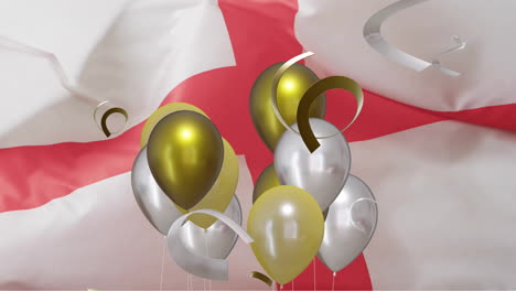 Animation-of-confetti-and-balloons-over-white-rugby-ball-over-flag-of-england