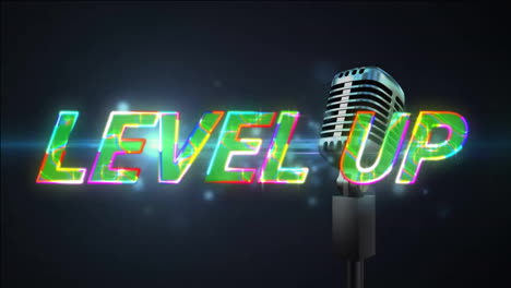 Animation-of-glowing-level-up-text-over-retro-microphone-on-spot-light-background