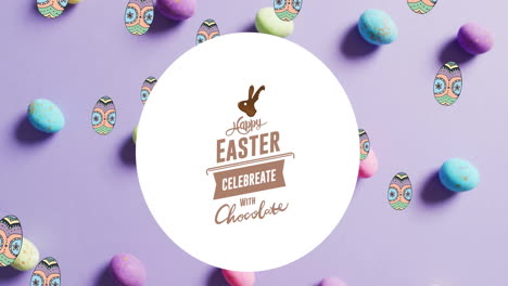 Animation-of-happy-easter-text-over-colourful-easter-eggs-on-purple-background