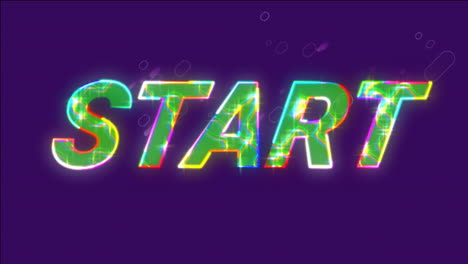 Animation-of-glowing-start-text-over-glowing-light-trails-on-purple-background