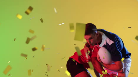 Animation-of-confetti-falling-over-diverse-male-rugby-players-playing