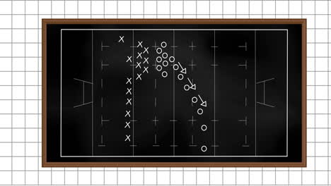 Animation-of-rugby-sports-field-with-tactics-and-strategy-drawings-on-squared-paper-background