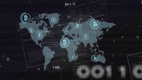 Animation-Von-Bitcoin-Symbolen-Und-Datenverarbeitung-Mit-Weltkarte-Auf-Schwarzem-Hintergrund
