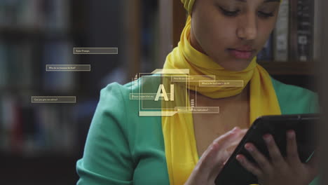 Animación-De-Texto-Y-Datos-De-Inteligencia-Artificial-Sobre-Una-Estudiante-Birracial-Con-Hijab-Y-Tableta