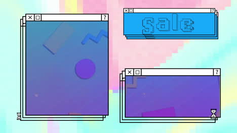 Animation-of-sale-text-and-computer-window-screens-with-neon-pattern