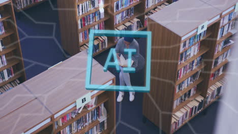Animation-Der-KI-Text--Und-Datenverarbeitung-Zum-Thema-Lernen-Eines-Mädchens-Mit-Gemischter-Abstammung-In-Der-Bibliothek