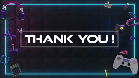 Animation-of-thank-you-text-over-neon-frame-and-video-game-items-background