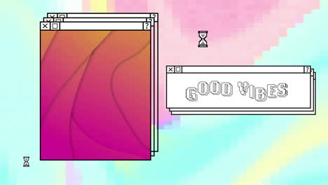 Animation-of-good-vibes-text-and-computer-screens-over-neon-pattern-background