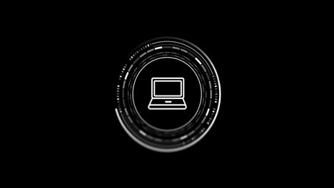 Animation-of-scope-with-laptop-icon-and-data-processing-over-black-background