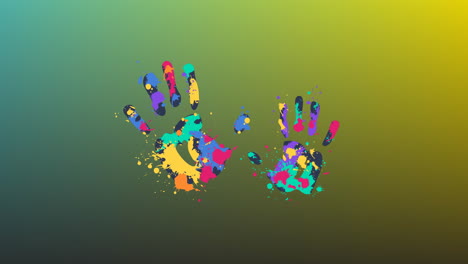 Animation-of-colourful-paint-hand-prints-over-soft-green-to-yellow-background