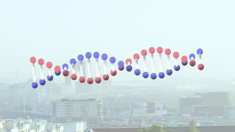 Animation-Eines-DNA-Strangs,-Der-Sich-über-Das-Stadtbild-Dreht