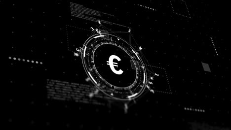 Animation-Eines-Netzwerks-Mit-Datenverarbeitung-Und-Eurozeichen-Auf-Schwarzem-Hintergrund