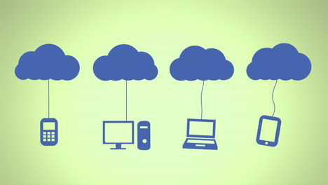 Animation-of-blue-clouds-and-electronic-devices-icons-over-green-background