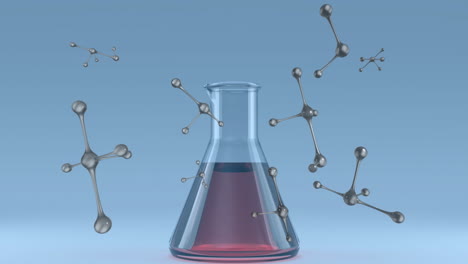 Animation-of-element-structures-over-conical-lab-flask-of-red-liquid-on-blue-background