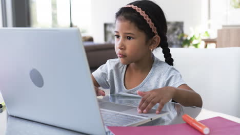 Biracial-girl-with-a-braid,-focused-on-a-laptop-screen