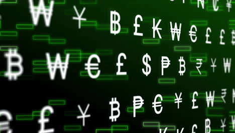 Animation-of-financial-data-processing-and-currency-symbols-on-black-background
