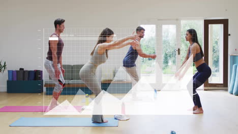 Animation-of-data-processing-and-diagrams-over-diverse-people-with-trainer-exercising-at-gym