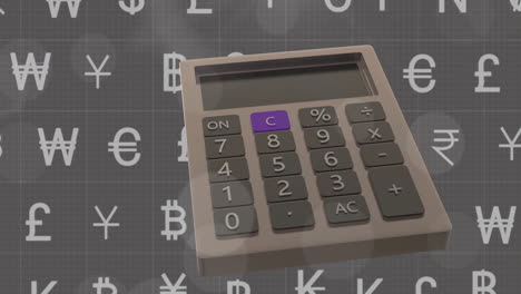 Animation-Von-Währungssymbolen-Und-Taschenrechner-Auf-Grauem-Hintergrund