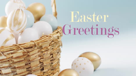 Animation-of-easter-greetings-text-over-white-and-gold-easter-eggs-in-basket-on-blue-background