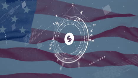 Animation-Des-Dollarzeichens-Und-Der-Daten-über-Der-Flagge-Der-USA