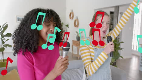 Animation-of-musical-notes-over-happy-diverse-teenage-girls-singing-karaoke-at-home