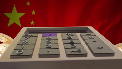 Animación-De-Monedas-Y-Calculadora-Sobre-Bandera-De-China