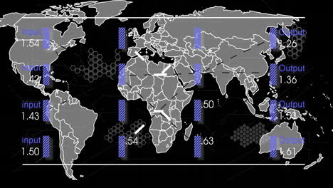 Animación-Del-Procesamiento-De-Datos-Digitales-Y-Mapa-Mundial-Sobre-Fondo-Negro