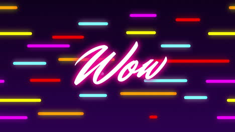 Animation-of-wow-text-in-glowing-pink-over-colourful-neon-lines-moving-on-dark-background