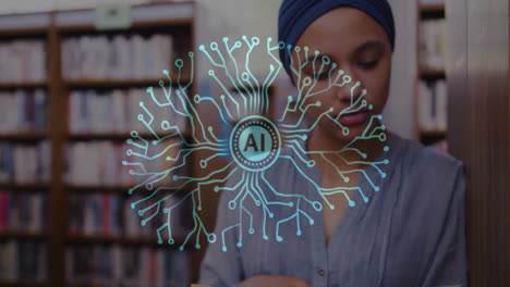 Animación-De-Texto,-Cerebro-Y-Datos-De-Inteligencia-Artificial-Sobre-Una-Estudiante-Birracial-En-Un-Libro-De-Lectura-Con-Hijab