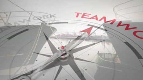 Animation-of-compass-with-arrow-pointing-to-teamwork-text-over-boats-in-harbour