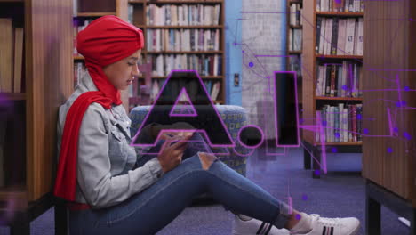 Animation-of-ai-text-and-data-over-biracial-female-student-in-hijab-with-smartphone