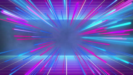 Animation-of-strobing-blue-and-pink-neon-light-beams-over-grids-on-blue-background