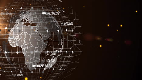 Animation-of-data-processing-and-globe-on-black-background