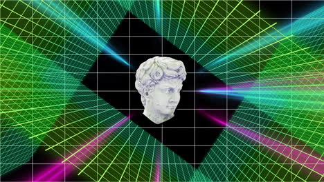 Animation-of-classical-statue-head-distorting-over-pink-grids-on-black