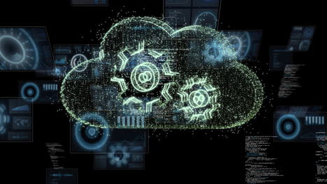 Animation-Einer-Digitalen-Cloud-Mit-Zahnrädern-Und-Datenverarbeitung-Auf-Schwarzem-Hintergrund