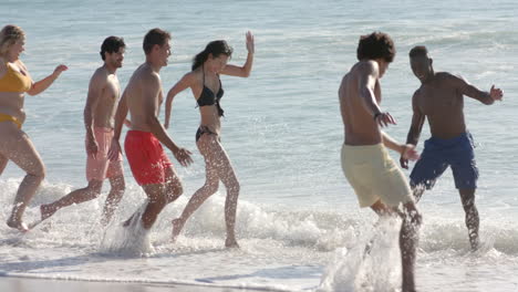Diverse-friends-enjoy-a-day-at-the-beach,-splashing-in-the-waves