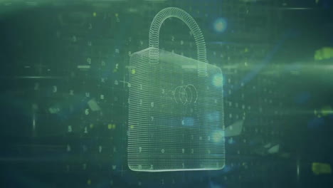 Animation-of-padlock-and-financial-data-processing-over-green-background