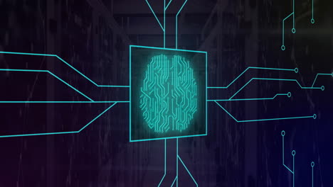 Animation-Eines-Neon-Netzwerks-Von-Verbindungen-Mit-Dem-Gehirn-über-Einem-Serverraum