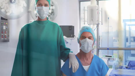 Animation-Der-Datenverarbeitung-über-Verschiedene-Chirurgen-Mit-Gesichtsmasken-Im-Krankenhaus