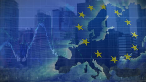 Animation-Der-Flagge-Der-Europäischen-Union-Und-Karte-über-Bürogebäuden-In-Der-Stadt