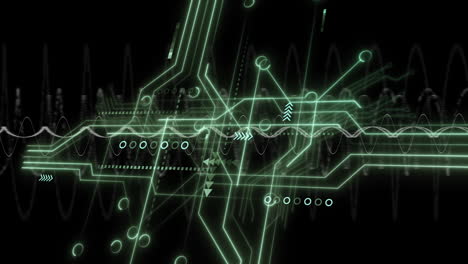 Animation-of-circuit-board-and-network-of-connections-over-black-background