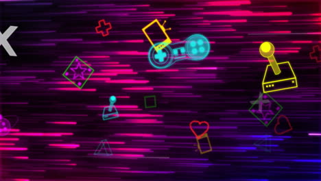 Animation-of-neon-video-game-icons-on-black-background