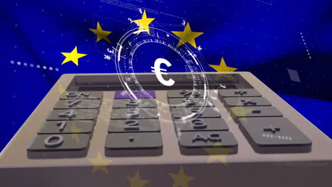 Animation-of-euro-symbol-and-calculator-over-flag-of-european-union